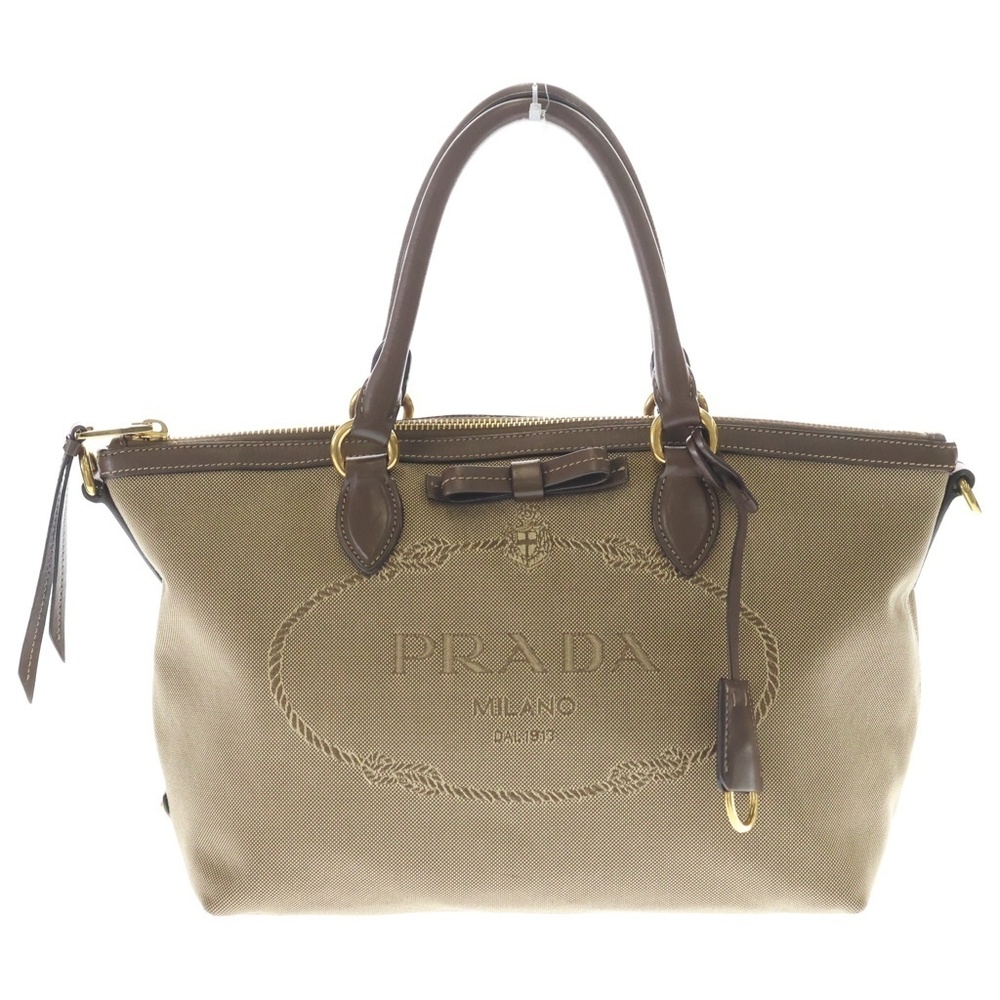 PRADA jacquard canvas leather handbag beige